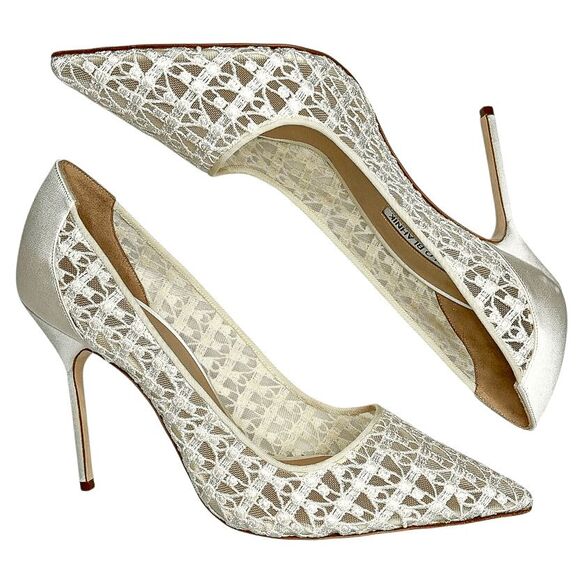Manolo Blahnik BB 105 White Lace Satin Pumps Bridal Heels Size 41 Made in Italy - Picture 4 of 12